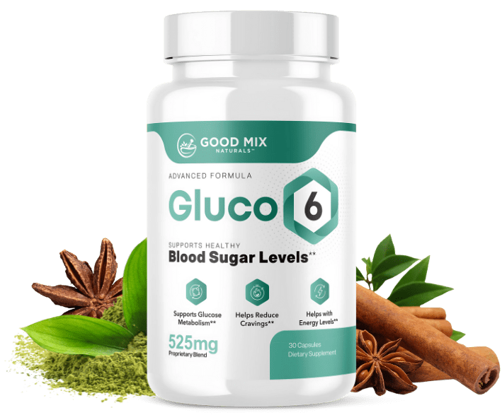 Gluco6 bottle with its botanical ingredients — cinnamon, green tea and gymnema leaves
