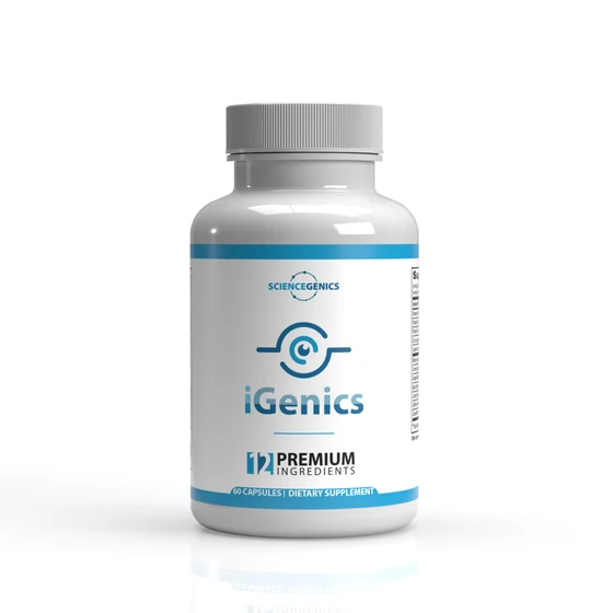 Bottle of iGenics eye health supplement by ScienceGenics, 60 capsules