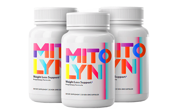 Three bottles of Mitolyn dietary supplement on black background