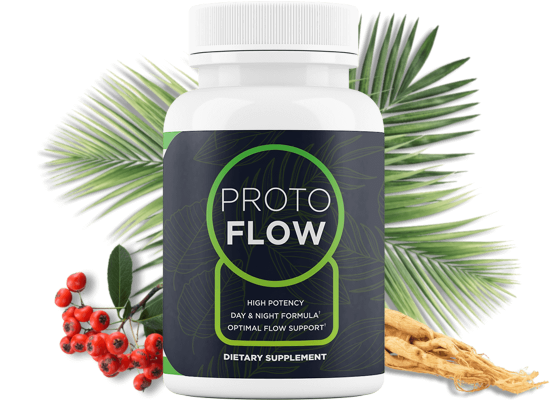 ProtoFlow prostate-support supplement bottle surrounded by its botanical ingredients — saw palmetto, berries and ginseng