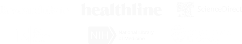 Logos of the scientific sources the manufacturer cites: NCBI, ScienceDirect and NIH